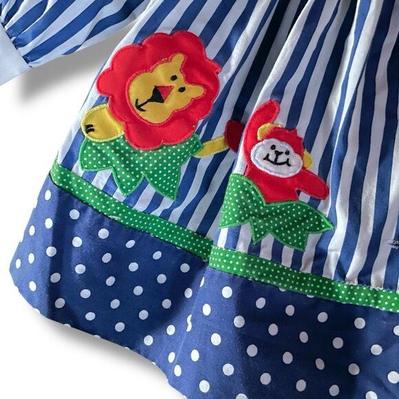 Vintage Nannette Toddler Girls Dress Sz 18 Month Blue White Stripe Jungle Animal - Picture 5 of 8